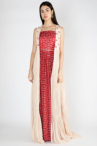 Red Embroidered Printed Top With Skirt & Jacket by Suave by Neha & Shreya