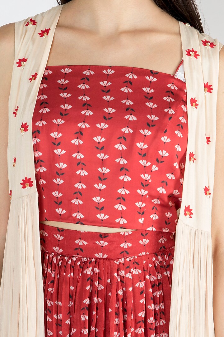 Red Embroidered Printed Top With Skirt & Jacket by Suave by Neha & Shreya at Pernia's Pop Up Shop