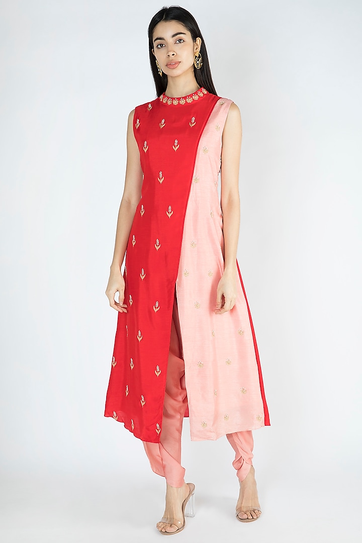 Red Embroidered Kurta With Dhoti Pants by Suave by Neha & Shreya