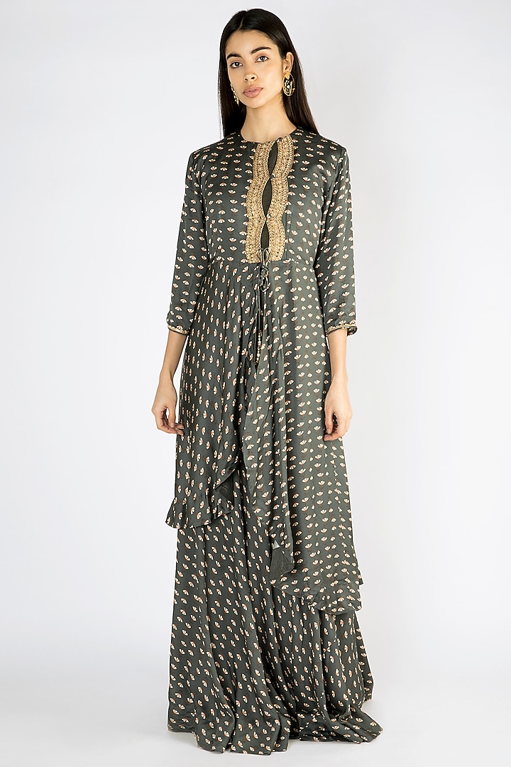 Olive Green Printed Embroidered Anarkali Gown With Jacket by Suave by Neha & Shreya