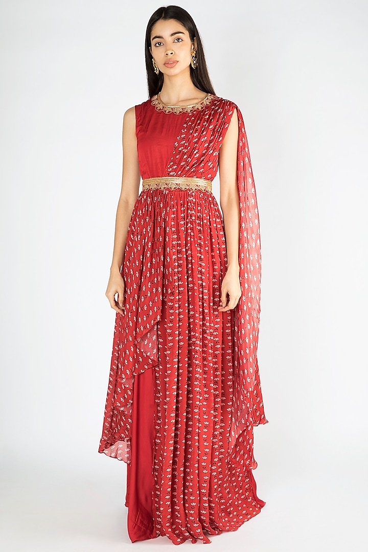 Red Printed Embroidered Saree Gown With Belt by Suave by Neha & Shreya
