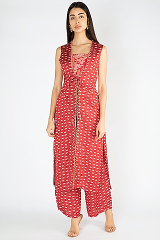 Red Embroidered Crop Top With Pants & Printed Jacket by Suave by Neha & Shreya