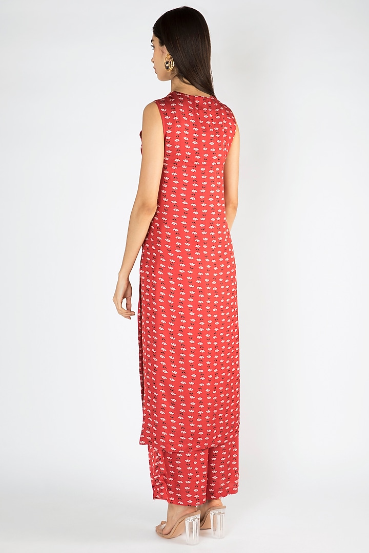 Red Embroidered Crop Top With Pants & Printed Jacket by Suave by Neha & Shreya at Pernia's Pop Up Shop