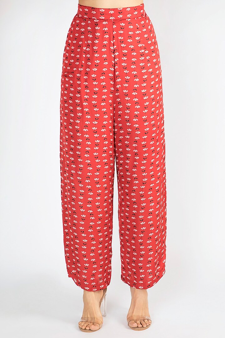 Red Embroidered Crop Top With Pants & Printed Jacket by Suave by Neha & Shreya at Pernia's Pop Up Shop