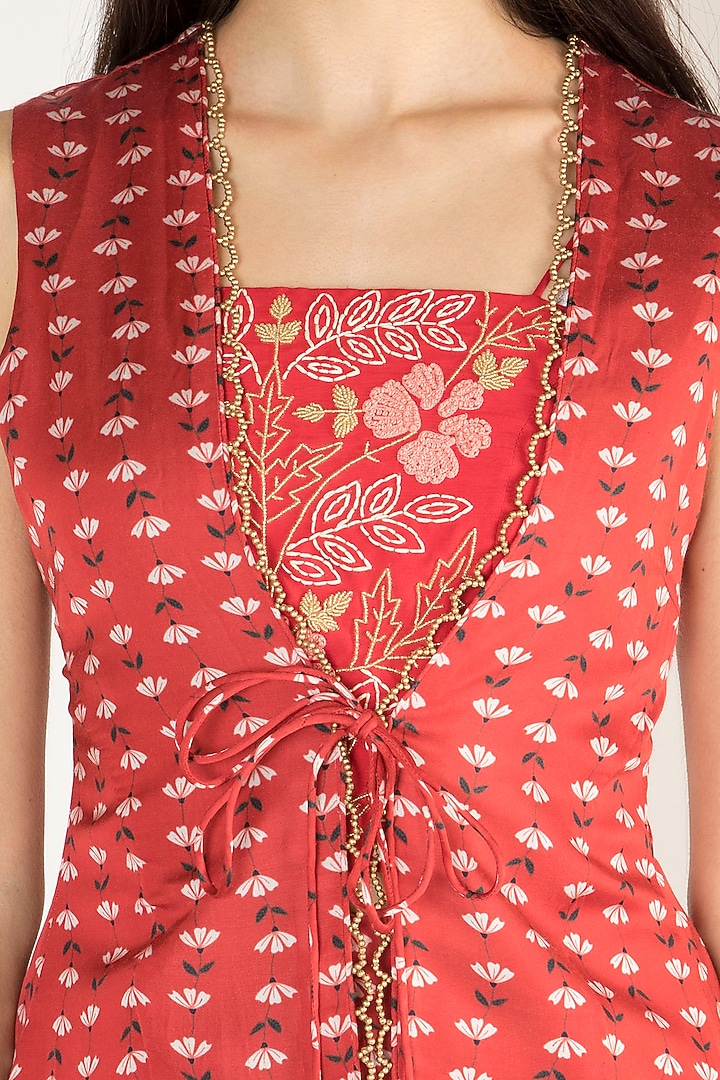 Red Embroidered Crop Top With Pants & Printed Jacket by Suave by Neha & Shreya at Pernia's Pop Up Shop