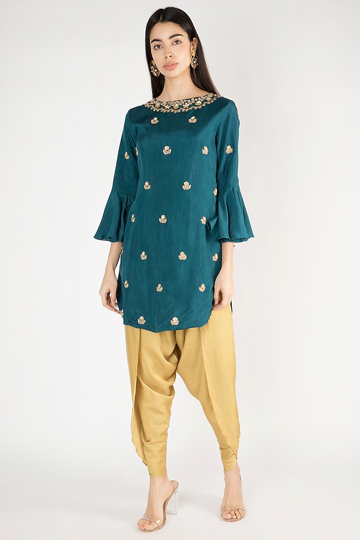 Cobalt Blue Embroidered Kurta With Dhoti Pants by Suave by Neha & Shreya