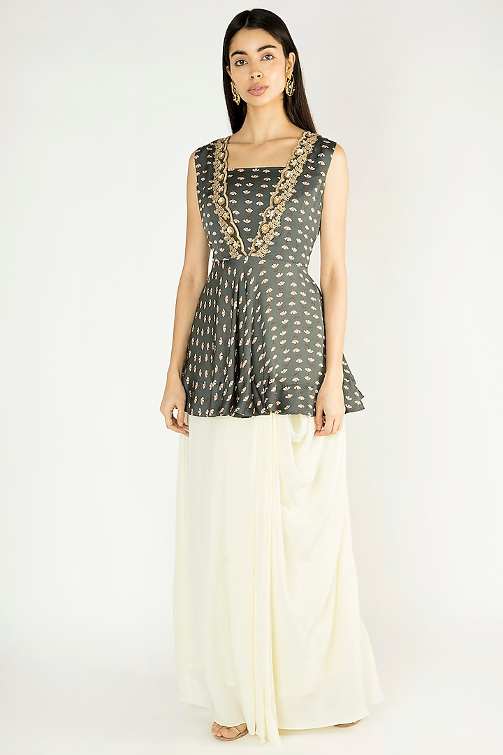 Olive Green Printed Embroidered Top With Skirt & Inner by Suave by Neha & Shreya