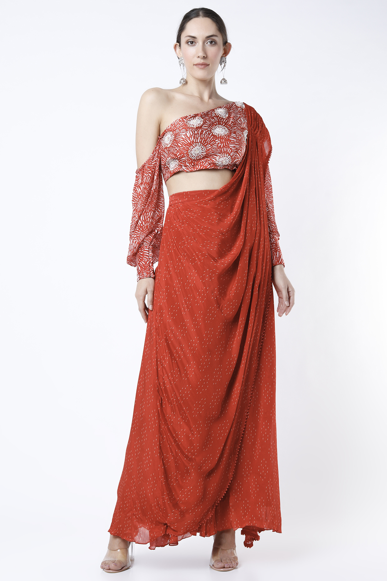 Cadmium Red Pre-Draped Party Wear Saree Set by Suave by Neha & Shreya at Pernia's Pop Up Shop