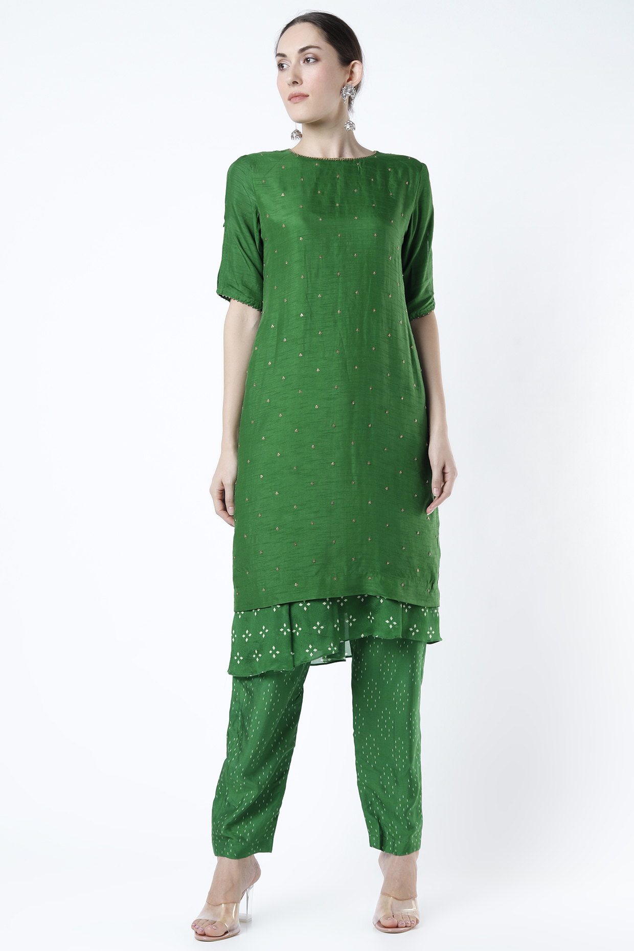 Jungle Green Asymmetrical Kurta Set by Suave by Neha & Shreya at Pernia's Pop Up Shop