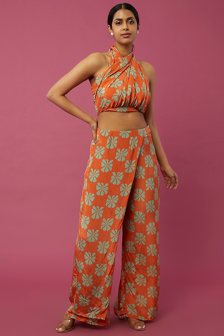 Orange Crepe Printed Pant Set by Suave By Neha & Shreya