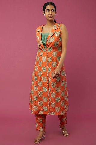 Orange Dola Silk Printed Pant Set by Suave By Neha & Shreya