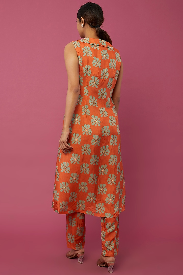 Orange Dola Silk Printed Pant Set by Suave By Neha & Shreya at Pernia's Pop Up Shop