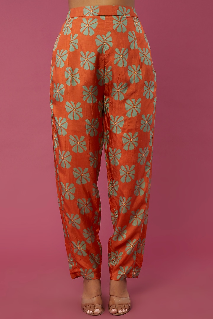 Orange Dola Silk Printed Pant Set by Suave By Neha & Shreya at Pernia's Pop Up Shop