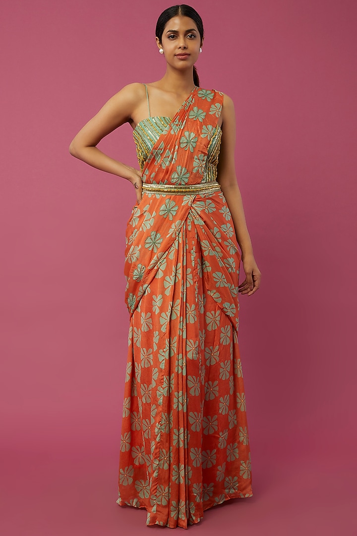 Orange Chinon Chiffon Printed Ruffled Saree Set by Suave By Neha & Shreya at Pernia's Pop Up Shop