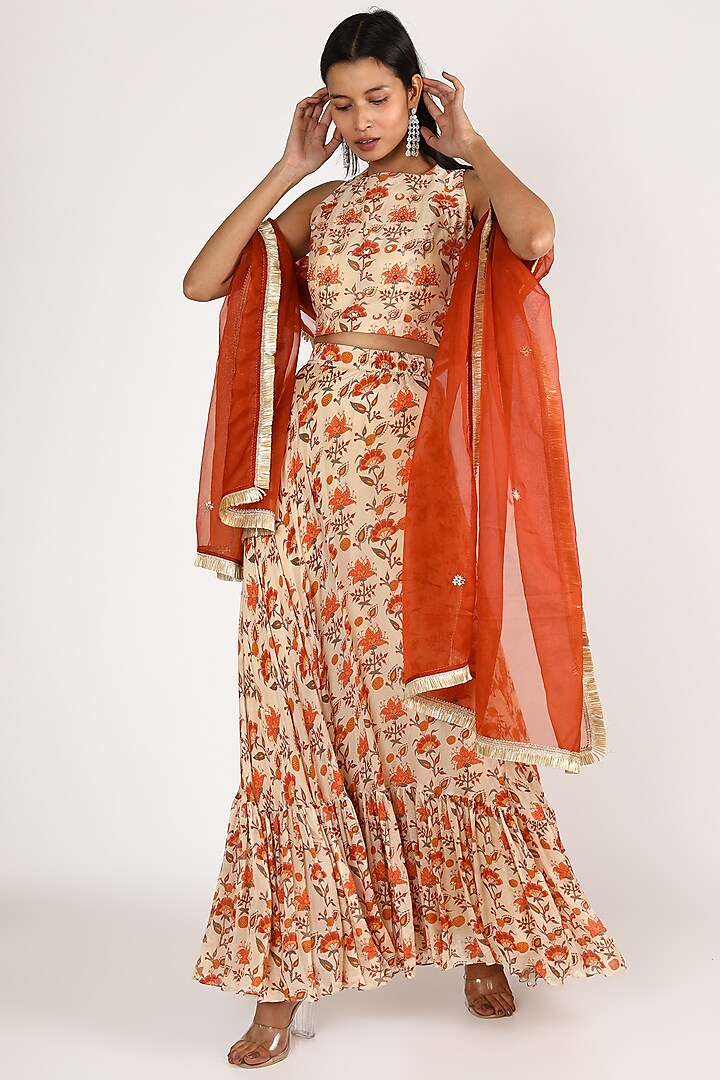 Beige Printed & Embroidered Skirt Set With Dupatta by Suave by Neha & Shreya