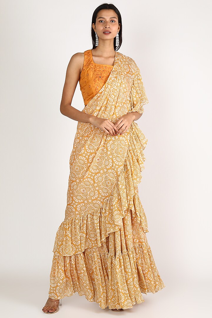 Yellow & Orange Embroidered Pre-Pleated Saree Set by Suave by Neha & Shreya