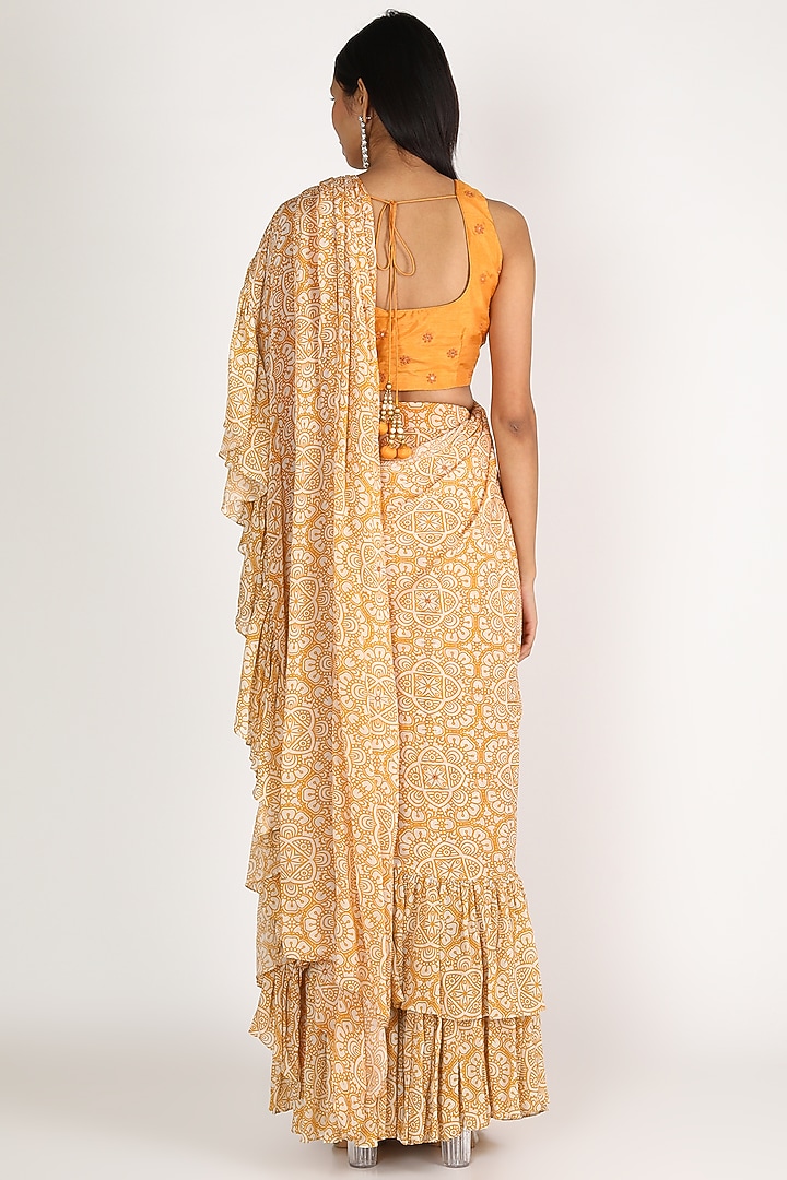Yellow & Orange Embroidered Pre-Pleated Party Wear Saree Set by Suave by Neha & Shreya at Pernia's Pop Up Shop