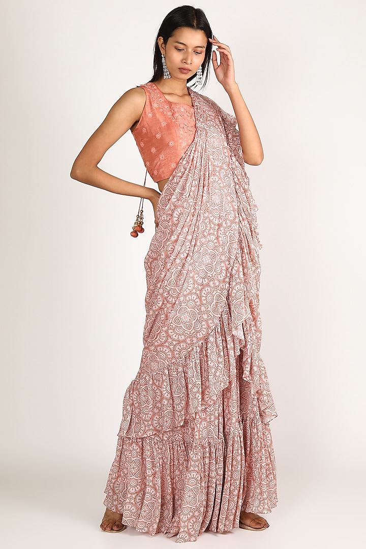 Blush Pink Printed & Embroidered Pre-Pleated Saree Set by Suave by Neha & Shreya