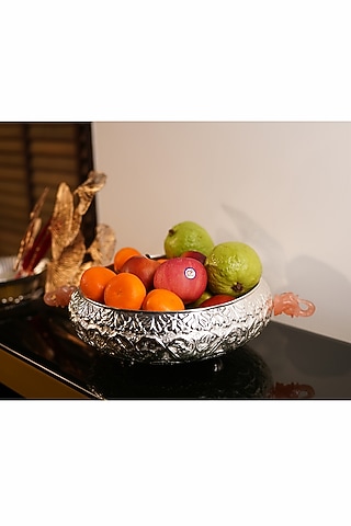 Silver Brass & Resin Elephant Etching Urli by Siansh by Sunita Aggarwal