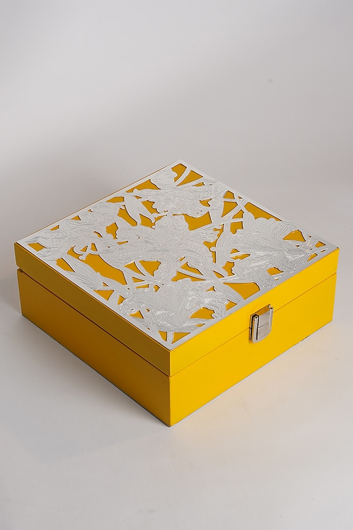 Yellow Brass & Deco Wood Box by Siansh by Sunita Aggarwal
