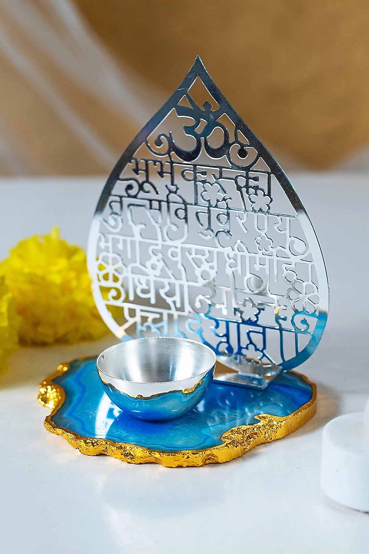 Silver Brass & Agate Gayatri Mantra Tea Light Holder by Siansh by Sunita Aggarwal
