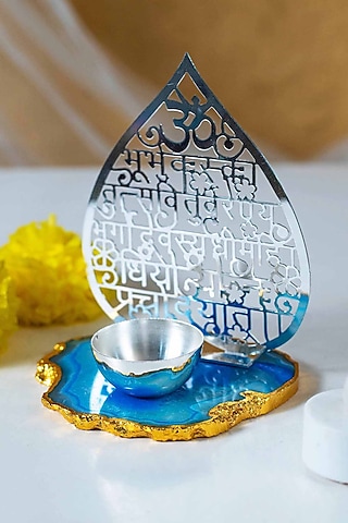 Silver Brass & Agate Gayatri Mantra Tea Light Holder by Siansh by Sunita Aggarwal