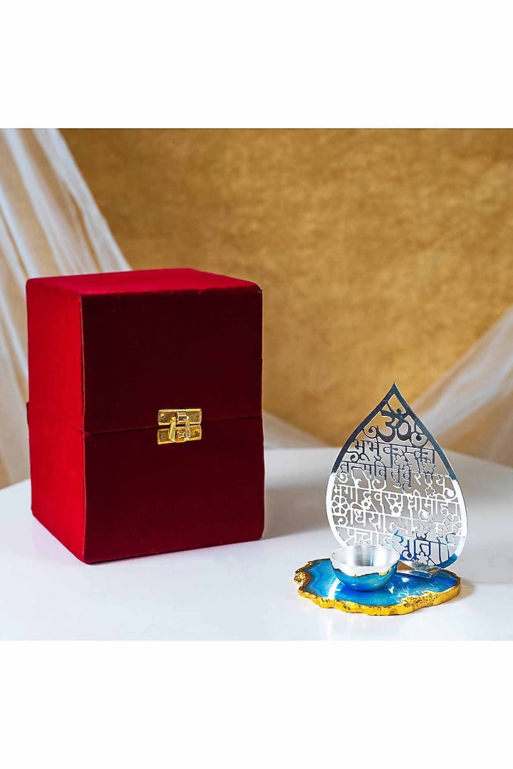 Silver Brass & Agate Gayatri Mantra Tea Light Holder by Siansh by Sunita Aggarwal at Pernia's Pop Up Shop