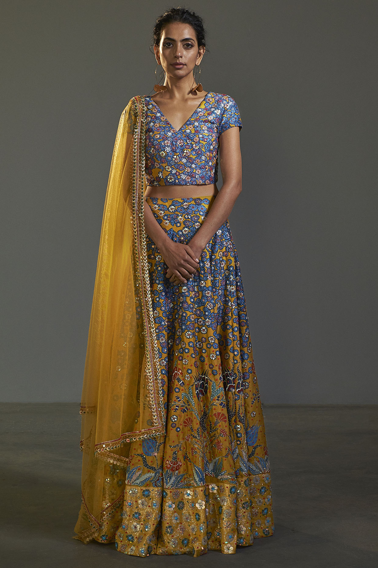 Yellow Printed & Embroidered Wedding Lehenga Set by Saksham and Neharicka at Pernia's Pop Up Shop