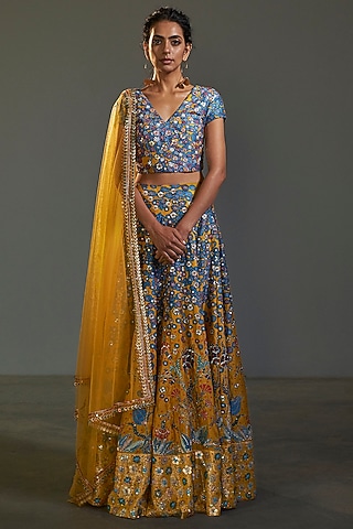 Yellow Printed & Embroidered Lehenga Set by Saksham and Neharicka