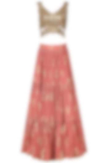 Coral pink embroidered lehenga set available only at Pernia's Pop Up Shop.