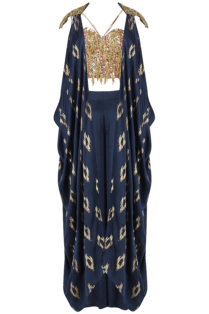 Navy Blue Embroidered Jacket, Corset and Palazzo Pants Set by Salian by Anushree