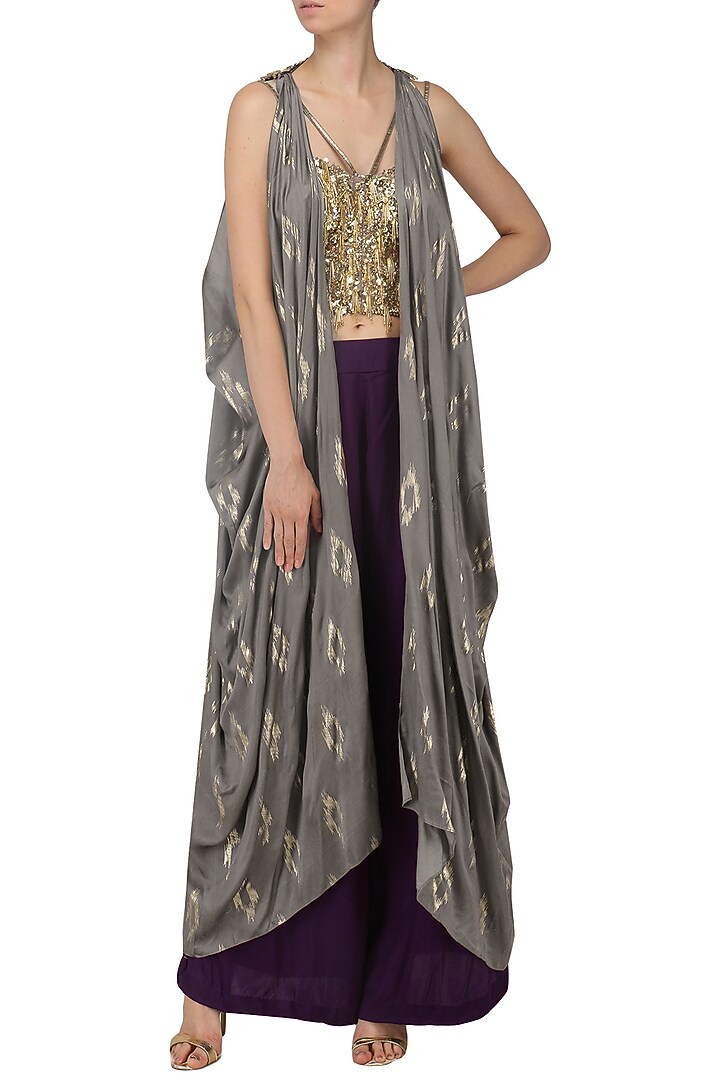 Mud grey embroidered jacket, corset and palazzo pants set available only at Pernia's Pop Up Shop.