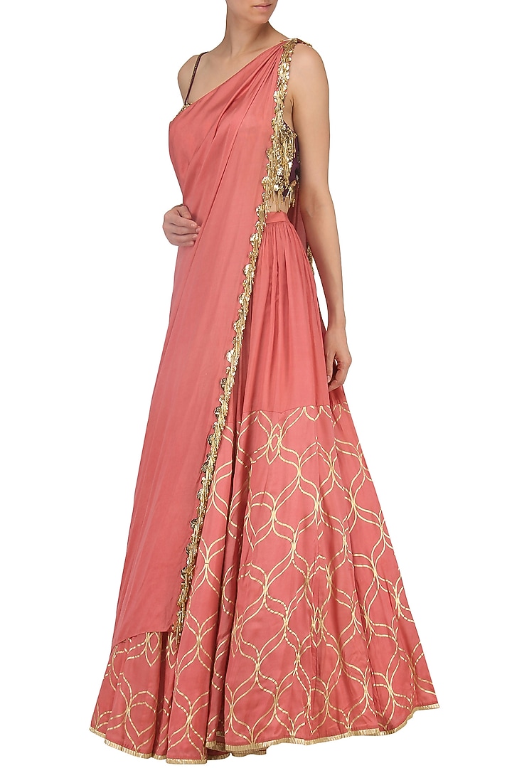 Coral pink foil print and embroidered lehenga set available only at Pernia's Pop Up Shop.