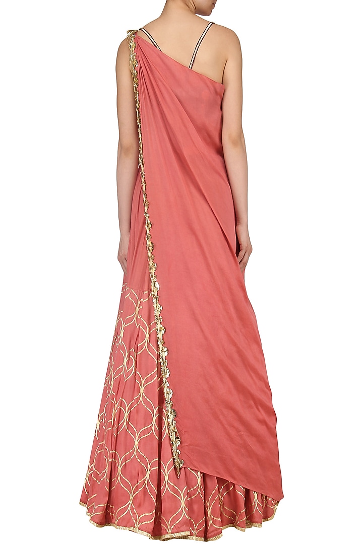 Coral pink foil print and embroidered lehenga set available only at Pernia's Pop Up Shop.