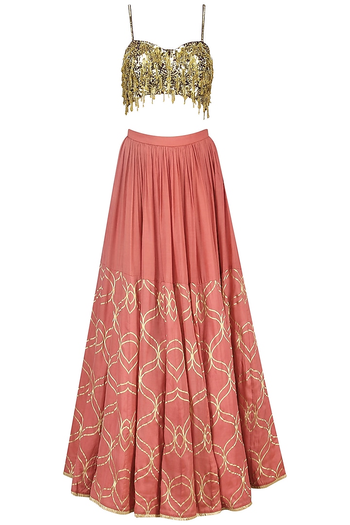 Coral pink foil print and embroidered lehenga set available only at Pernia's Pop Up Shop.