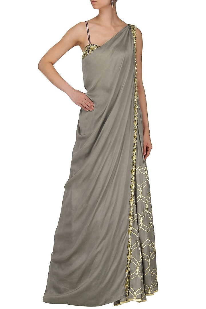 Mud grey foil print and embroidered lehenga set available only at Pernia's Pop Up Shop.