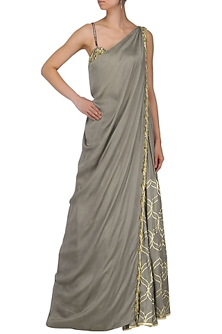 Mud Grey Foil Print and Embroidered Lehenga Set by Salian by Anushree