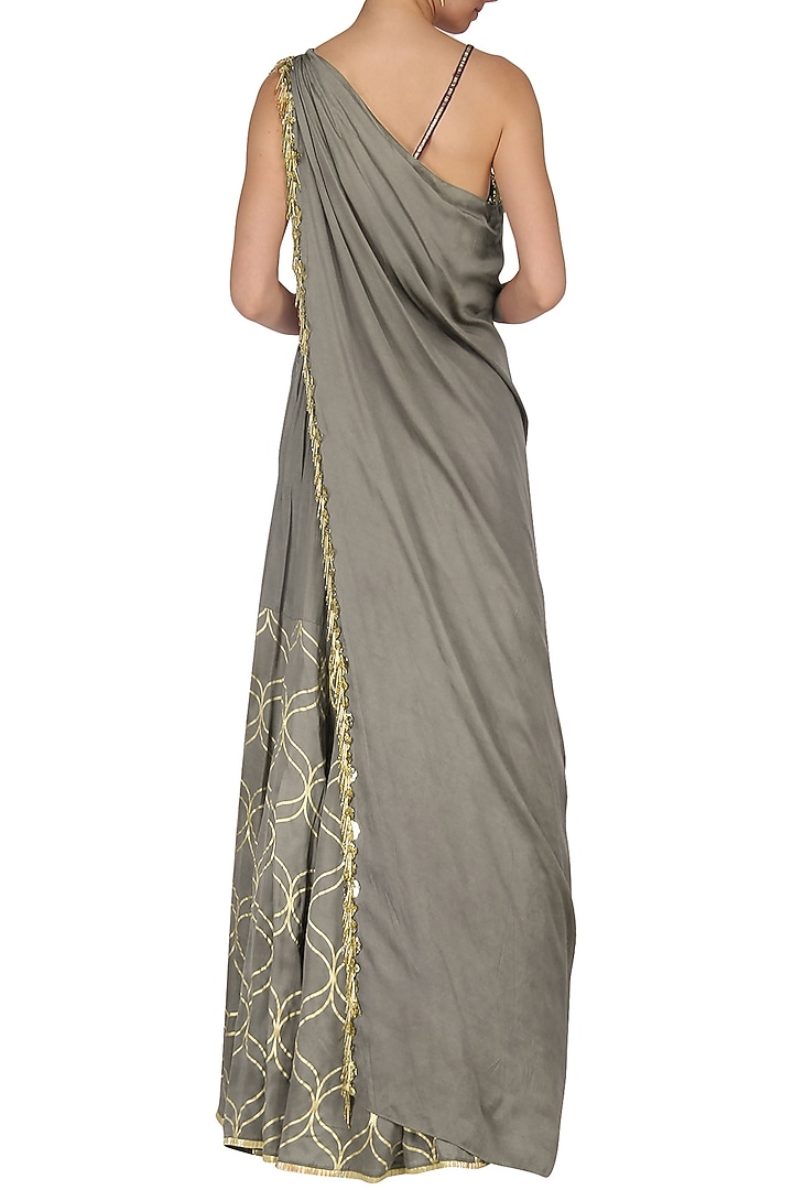 Mud grey foil print and embroidered lehenga set available only at Pernia's Pop Up Shop.