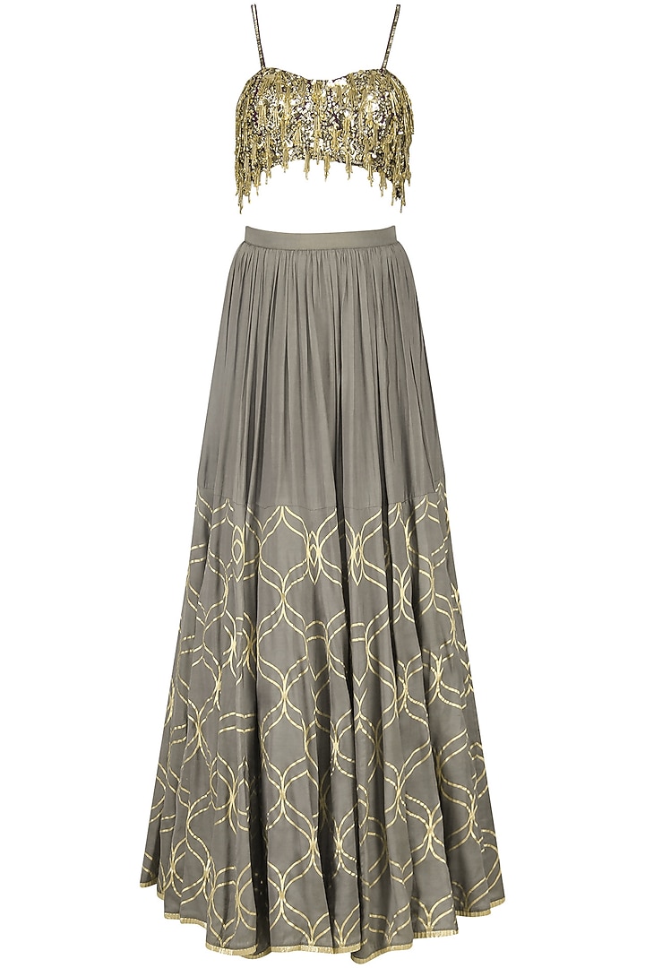 Mud grey foil print and embroidered lehenga set available only at Pernia's Pop Up Shop.