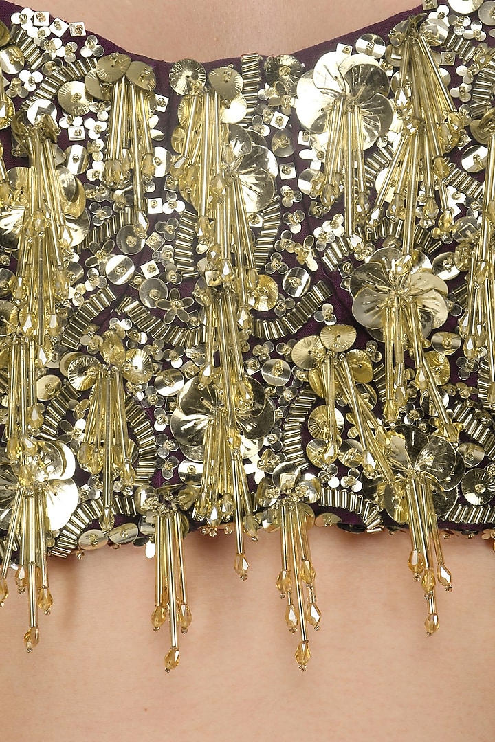 Mud grey foil print and embroidered lehenga set available only at Pernia's Pop Up Shop.