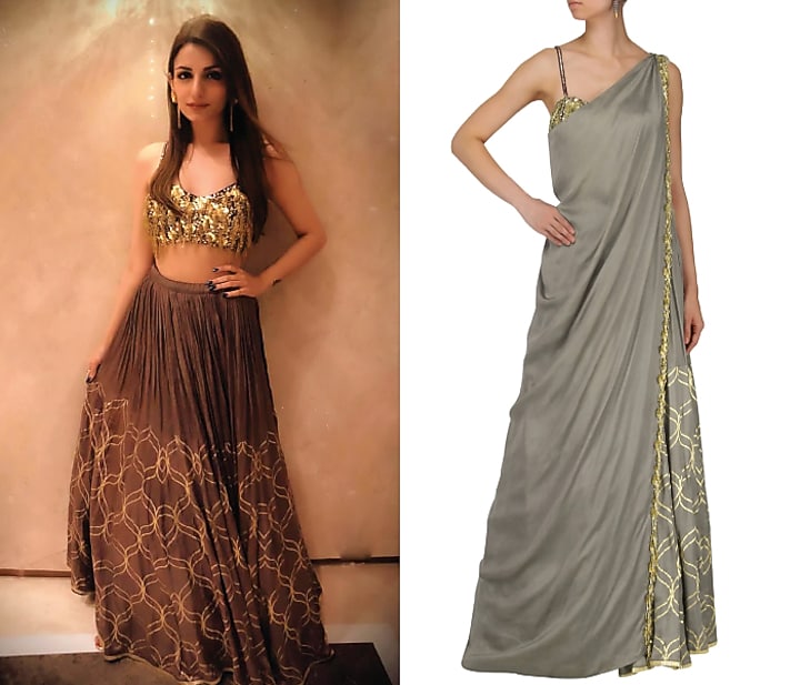 Mud grey foil print and embroidered lehenga set available only at Pernia's Pop Up Shop.