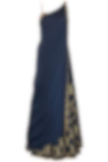 Navy blue foil print and embroidered lehenga set available only at Pernia's Pop Up Shop.