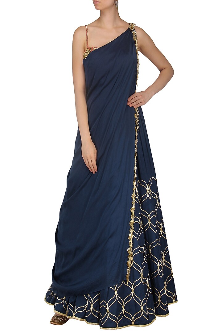 Navy blue foil print and embroidered lehenga set available only at Pernia's Pop Up Shop.