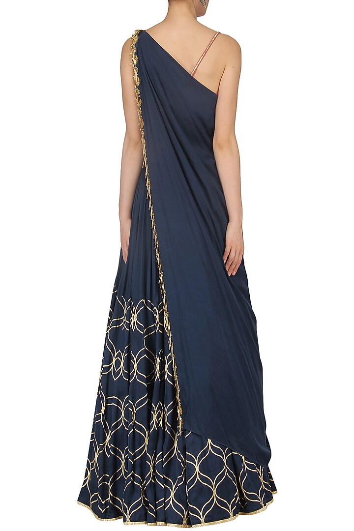 Navy blue foil print and embroidered lehenga set available only at Pernia's Pop Up Shop.