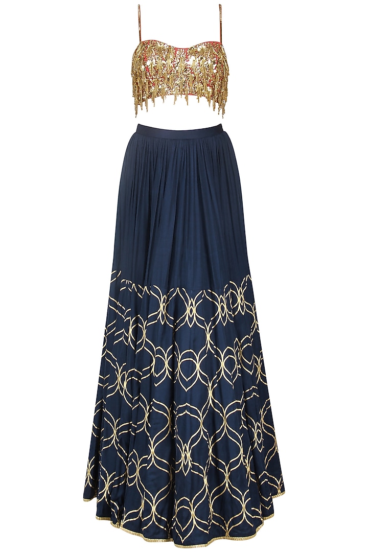 Navy blue foil print and embroidered lehenga set available only at Pernia's Pop Up Shop.