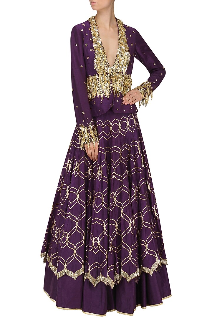 Purple embroidered double layered lehenga skirt with jacket available only at Pernia's Pop Up Shop.