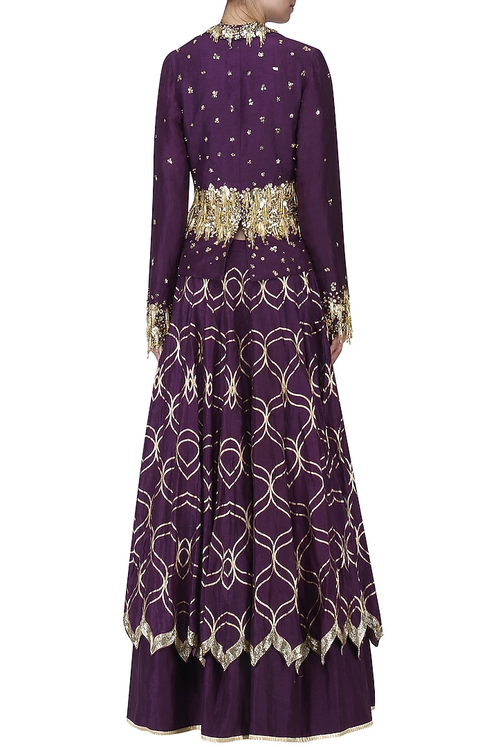 Purple embroidered double layered lehenga skirt with jacket available only at Pernia's Pop Up Shop.
