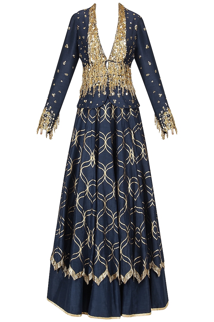Navy Blue Embroidered Double Layered Lehenga Skirt with Jacket by Salian by Anushree