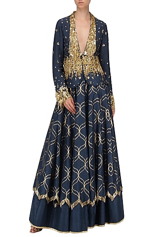 Navy Blue Embroidered Double Layered Lehenga Skirt with Jacket by Salian by Anushree