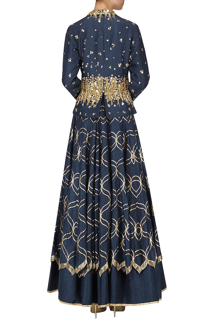 Navy blue embroidered double layered lehenga skirt with jacket available only at Pernia's Pop Up Shop.
